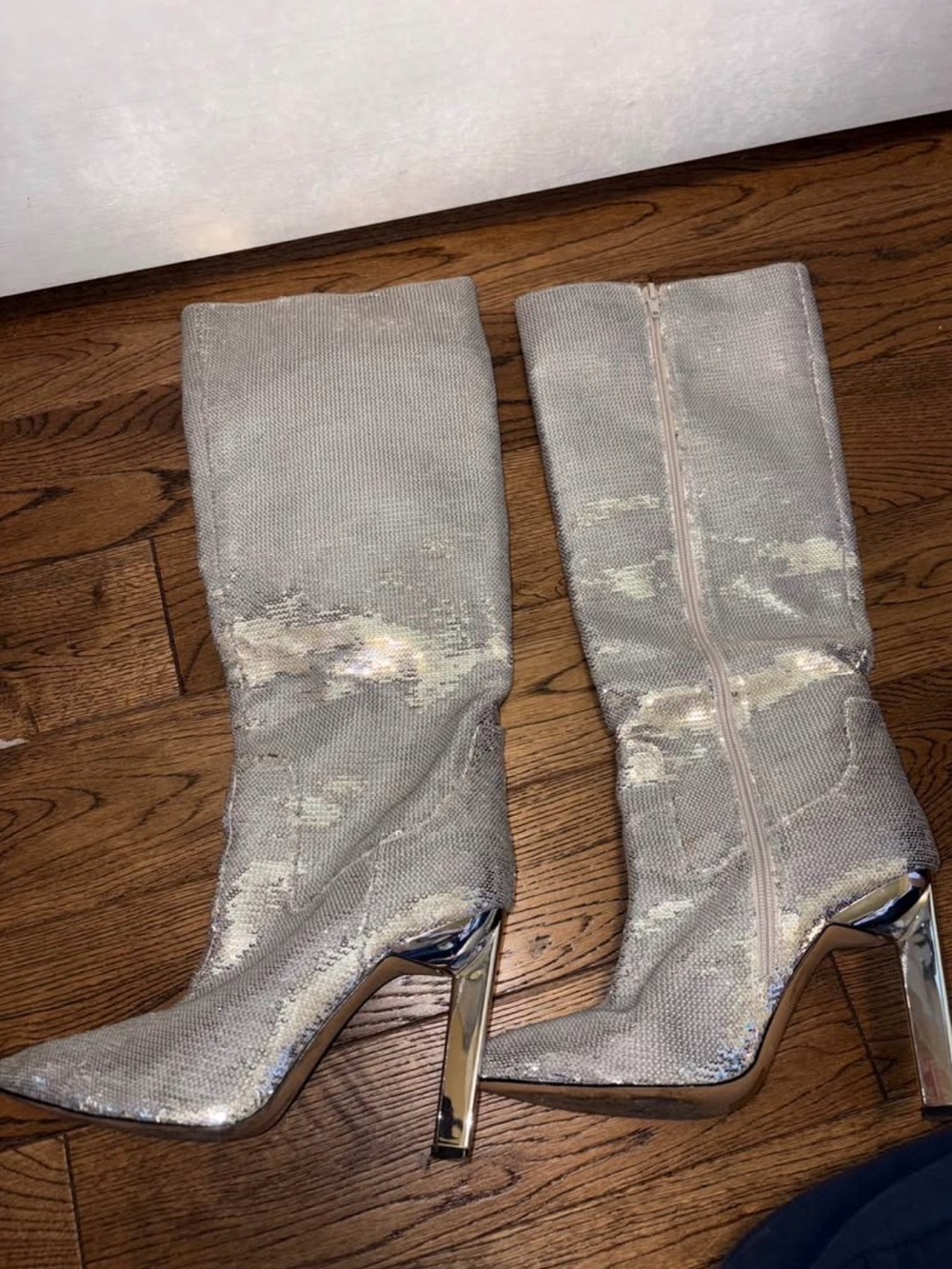 Women's Call it Spring Shimmery Silver Knee-High Heeled Boots